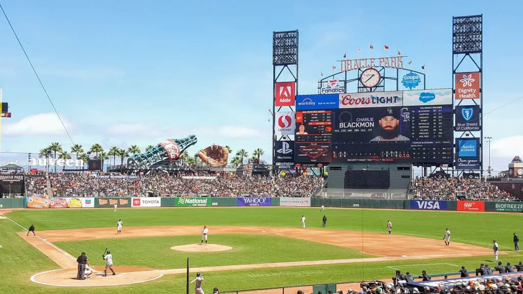 View of the baseball field in Oracle Park. Rockies playing the Giants