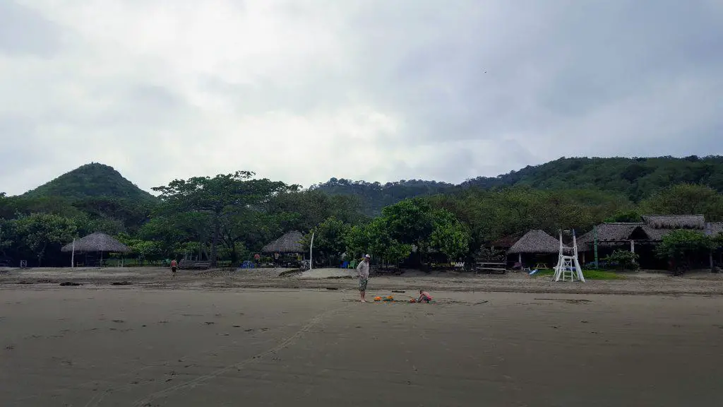 View of Playa Hermosa beach in Nicaragua from the ocean towards the resort