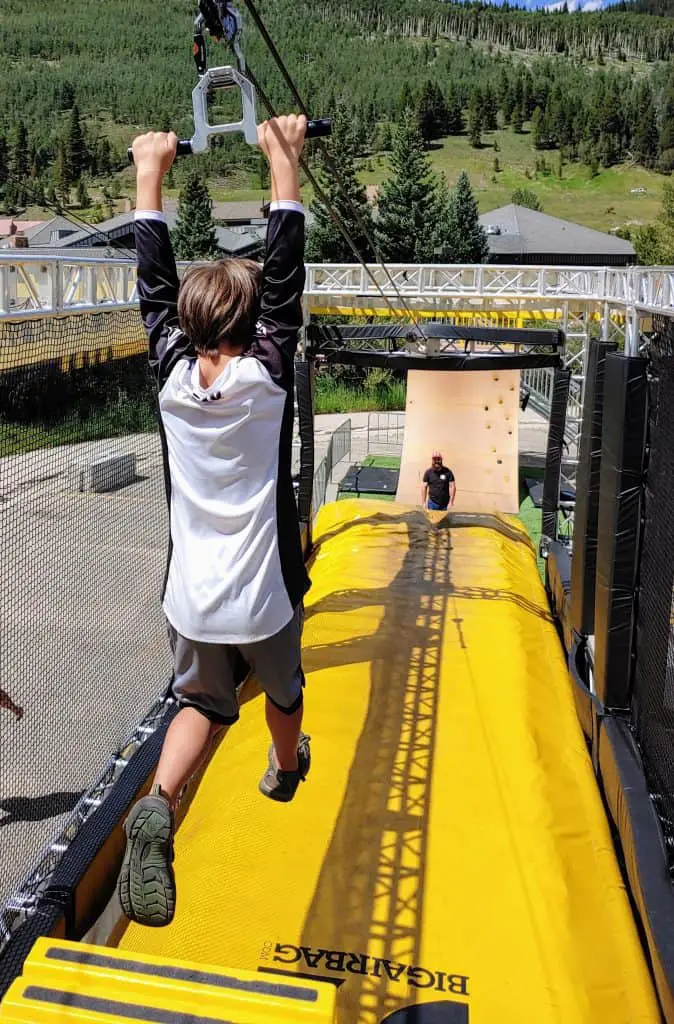 Zip line at the end of the Wrecktangle obstacle course at Copper Mountain in the summer