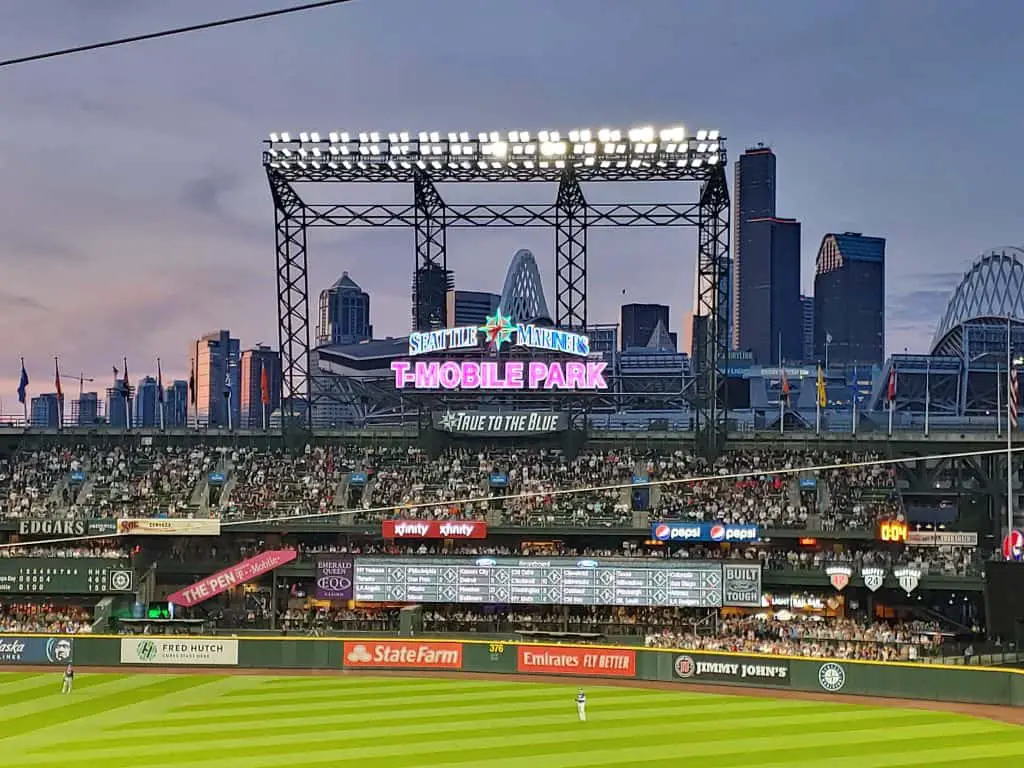 Seattle Mariners baseball stadium with the skyscrapers of Seattle in the background