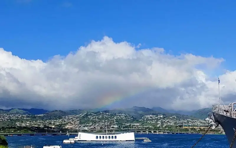 View of the USS Arizona from the deck of the Mighty Mo