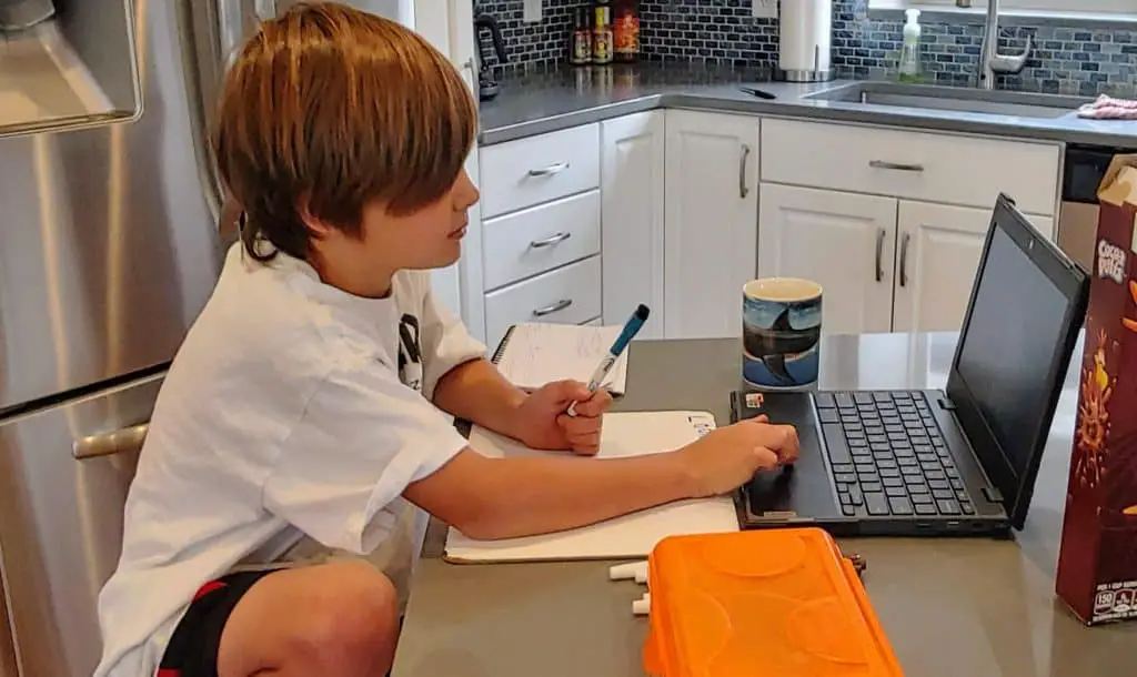 Boy sitting at the counter in the kitchen working on a computer