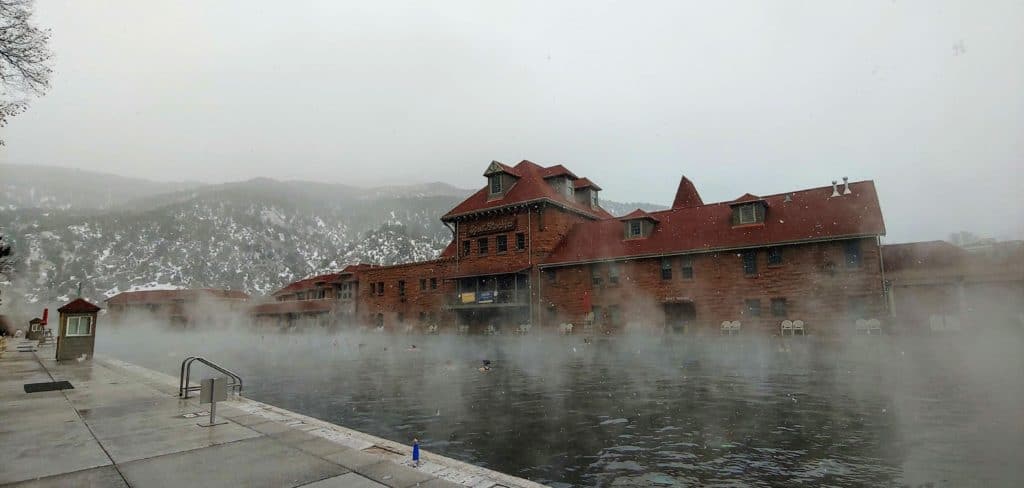 Steam rising from the pool in Glenwood Springs in the winter