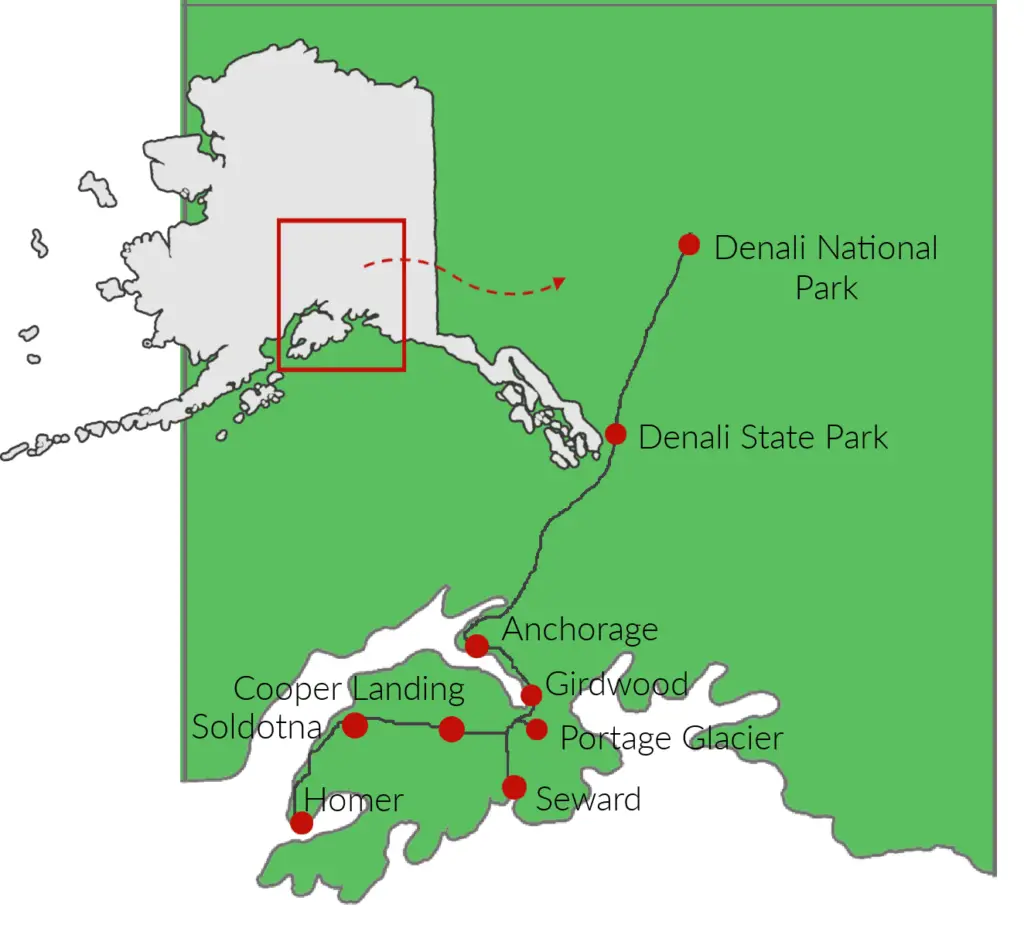 Map of Alaska road trip route that includes Denali, Anchorage, Homer, and Seward