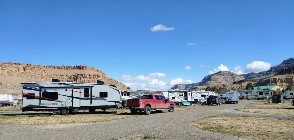 campers and trucks at a private campground in Colorado