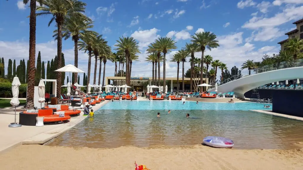 Man-made sandy beach at a resort pool in Las Vegas perfect for kids
