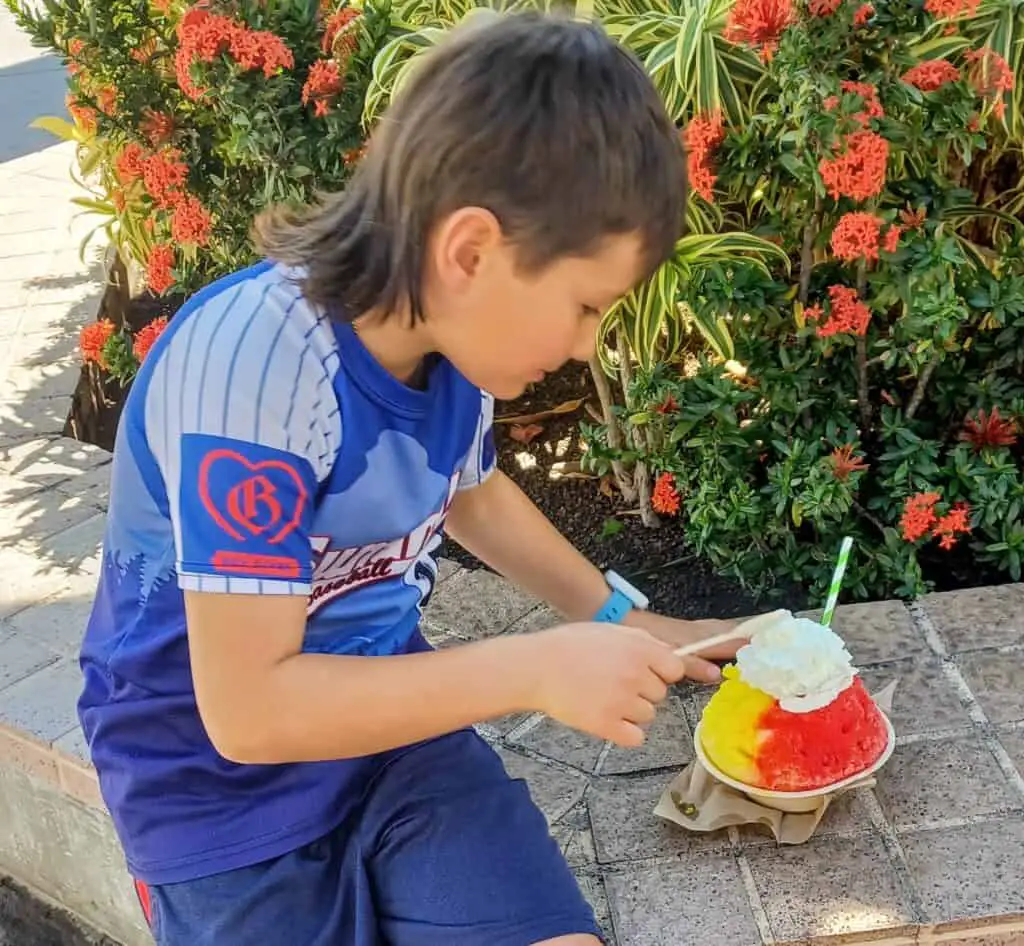 boy eating a shave ice in front of flowers in Waikoloa Hawaii