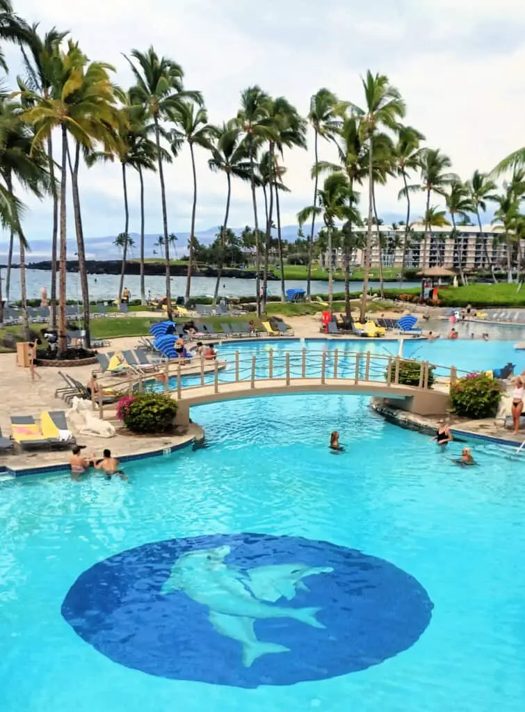 Swimming Pool at the Hilton Waikoloa Village with the ocean in the background