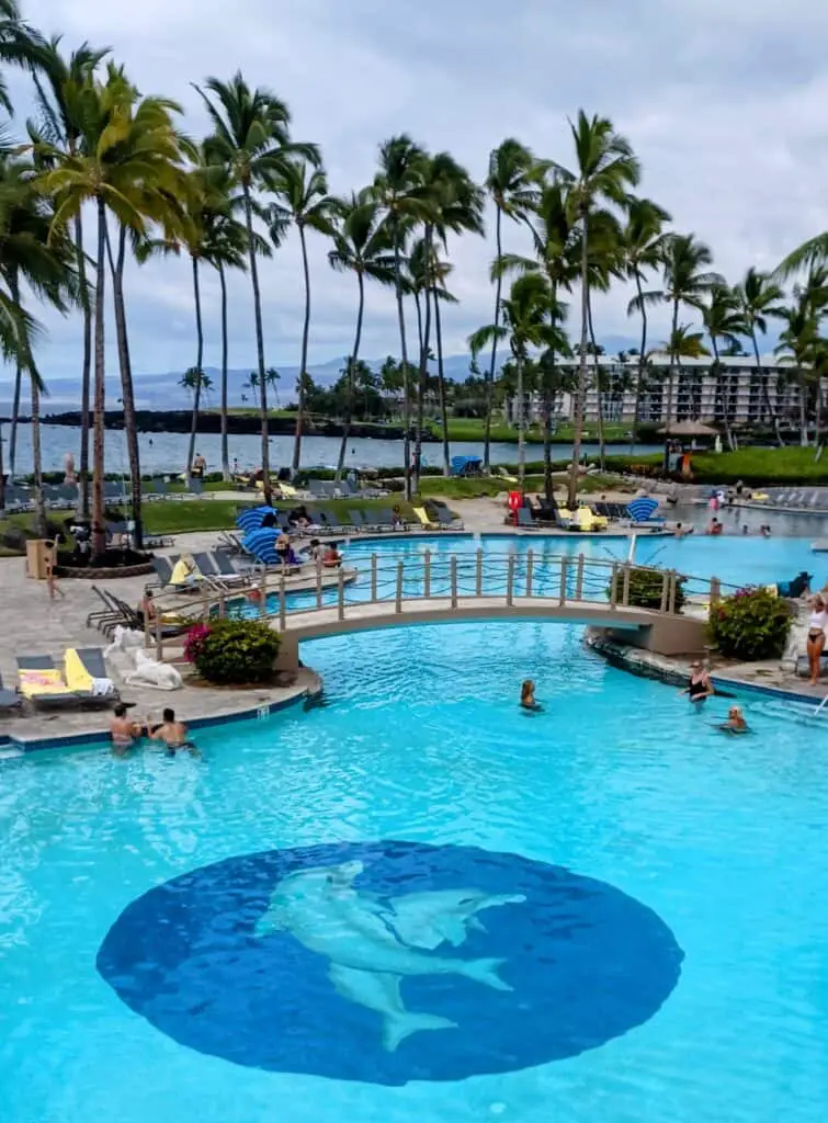 Swimming Pool at the Hilton Waikoloa Village with the ocean in the background