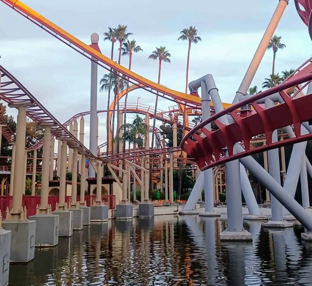 Roller coasters at Knott's Berry Farm in California with palm trees in the background