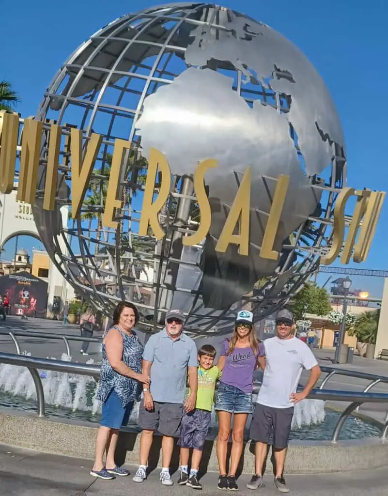 family standing in front of the Universal Studios globe at Universal Studios theme park