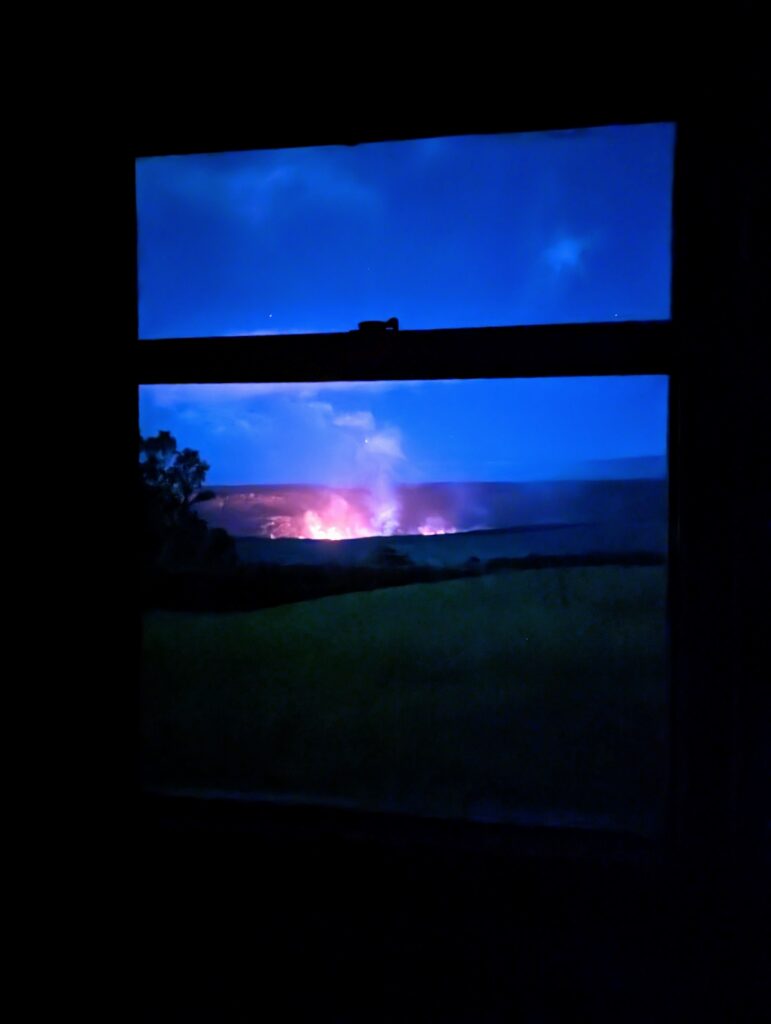 View of lava from a window in a room at the hotel in Hawaii Volcanoes National Park