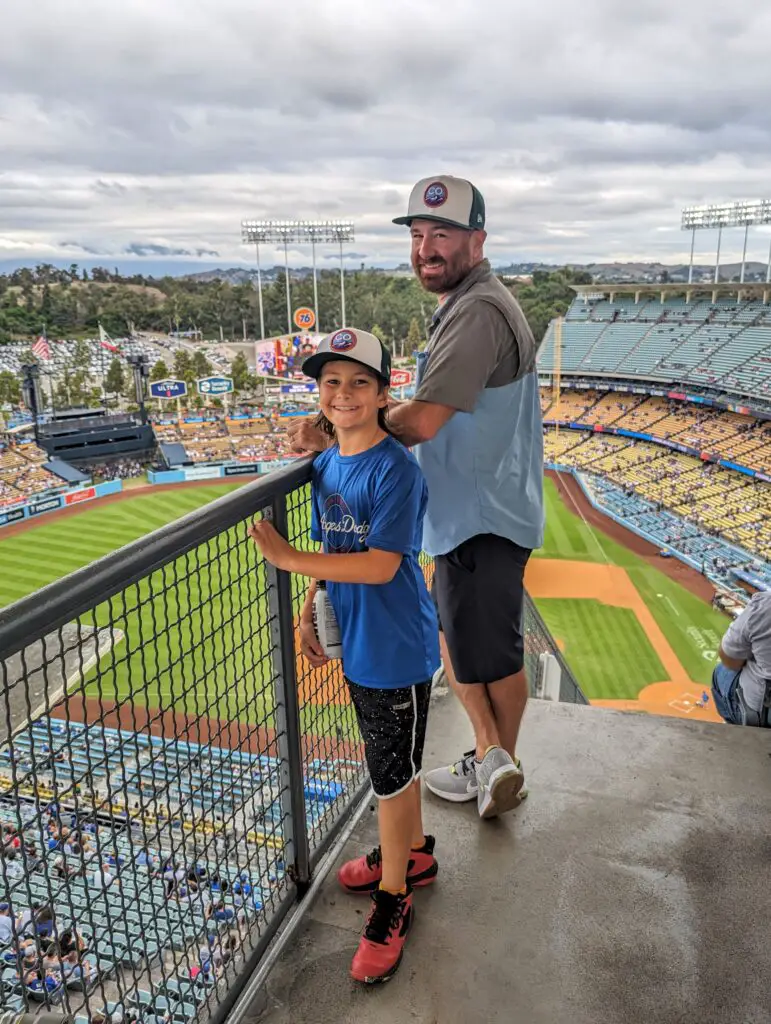 Father and Son at Dodgers MLB Stadium in Los Angeles California